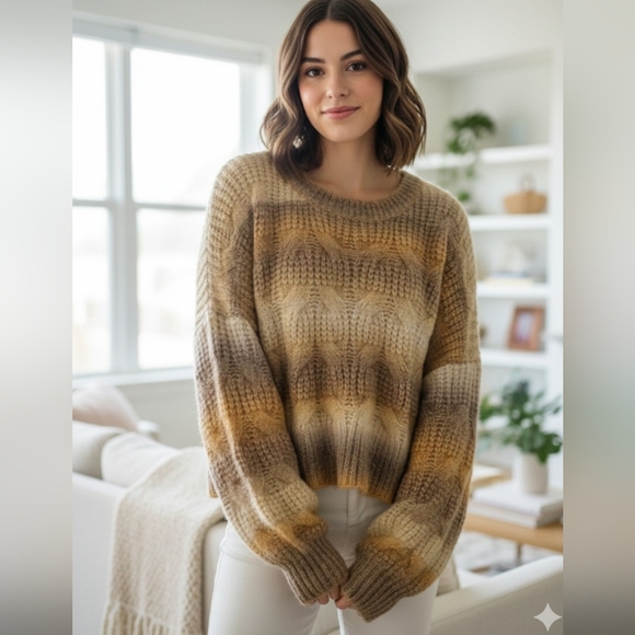 Pol Striped ombre Oversized Cable Knit Cropped Boho Sweater Large - Picture 1 of 8